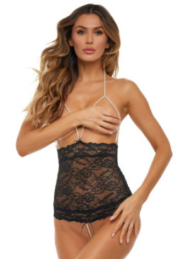 Lingerie style body en dentelle noire et perles blanches - REN50027-BLK